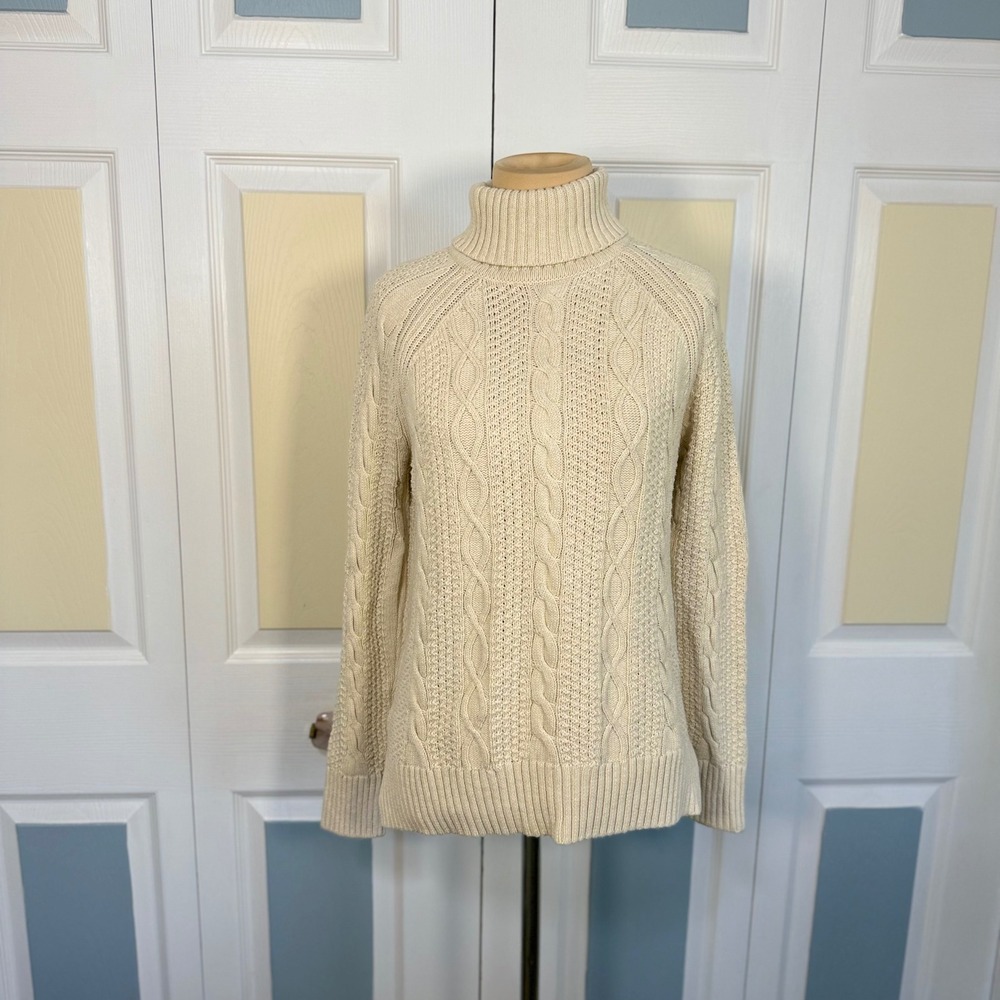 Jeanne Pierre Womens Cream 100% Cotton Cable Knit Turtleneck Sweater Small